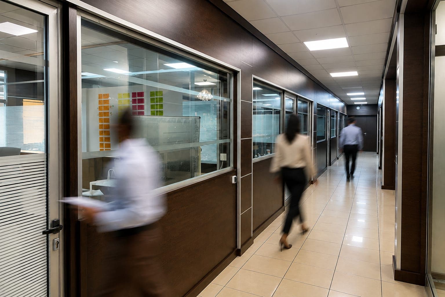 Couloir des bureaux du siège de Lagune Transit Abidjan, collaborateurs en mouvement