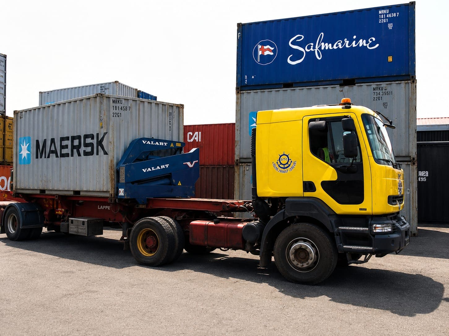Camion LTA attelé à une remorque porte-conteneurs