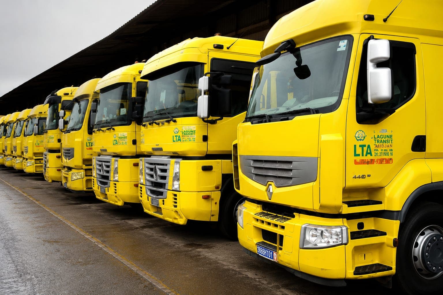 Camions de la flotte LTA alignés devant le dépôt