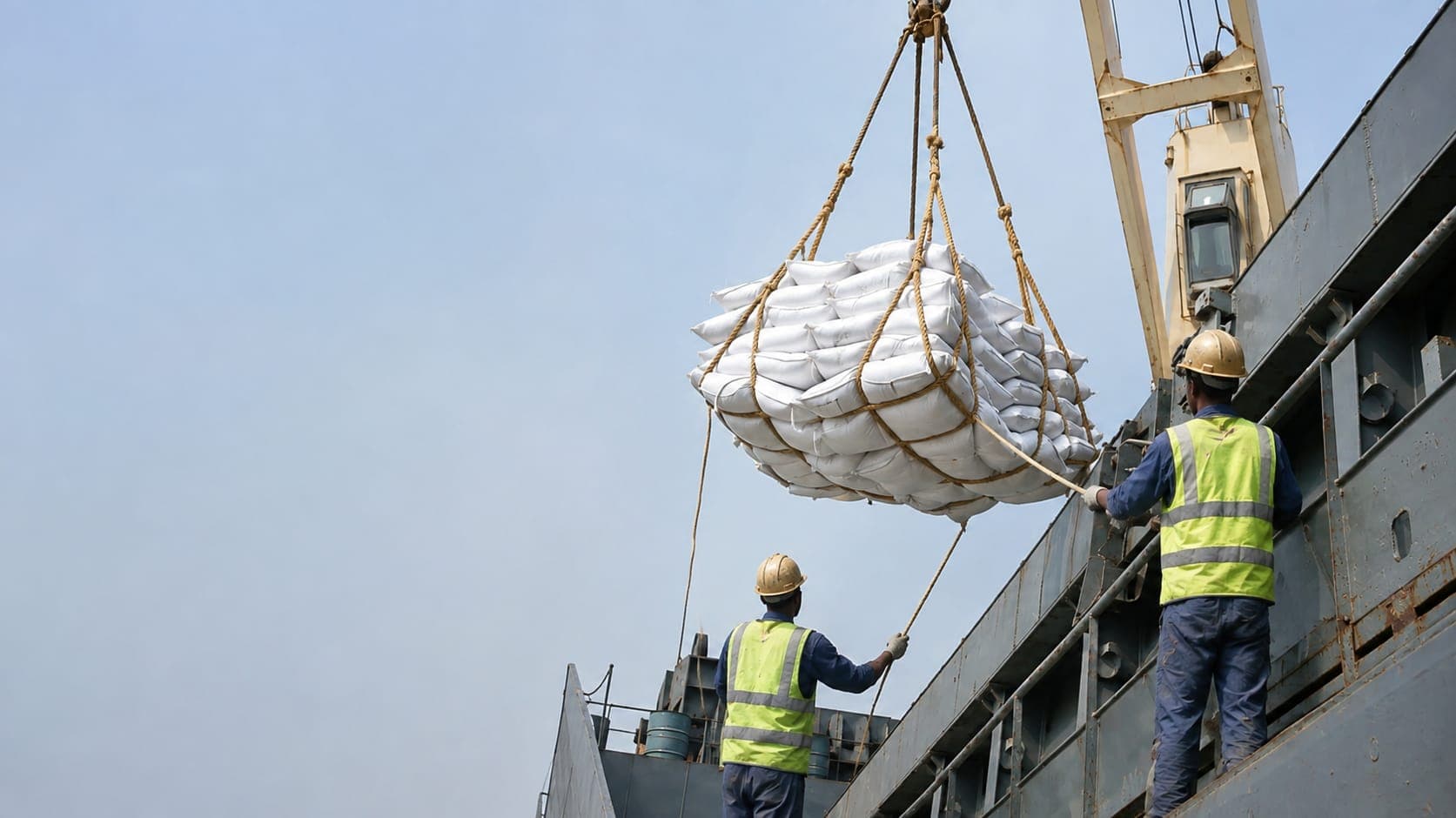 Élingue de sacherie hissée à bord d'un navire